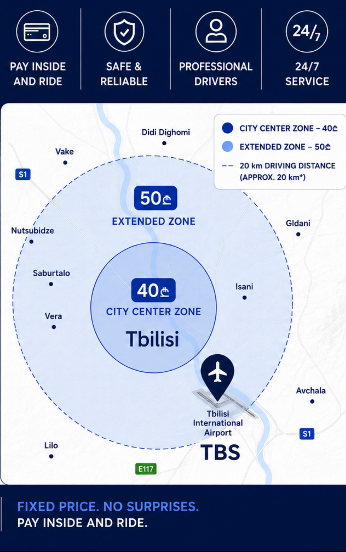 Tbilisi taxi service zones map with fixed prices